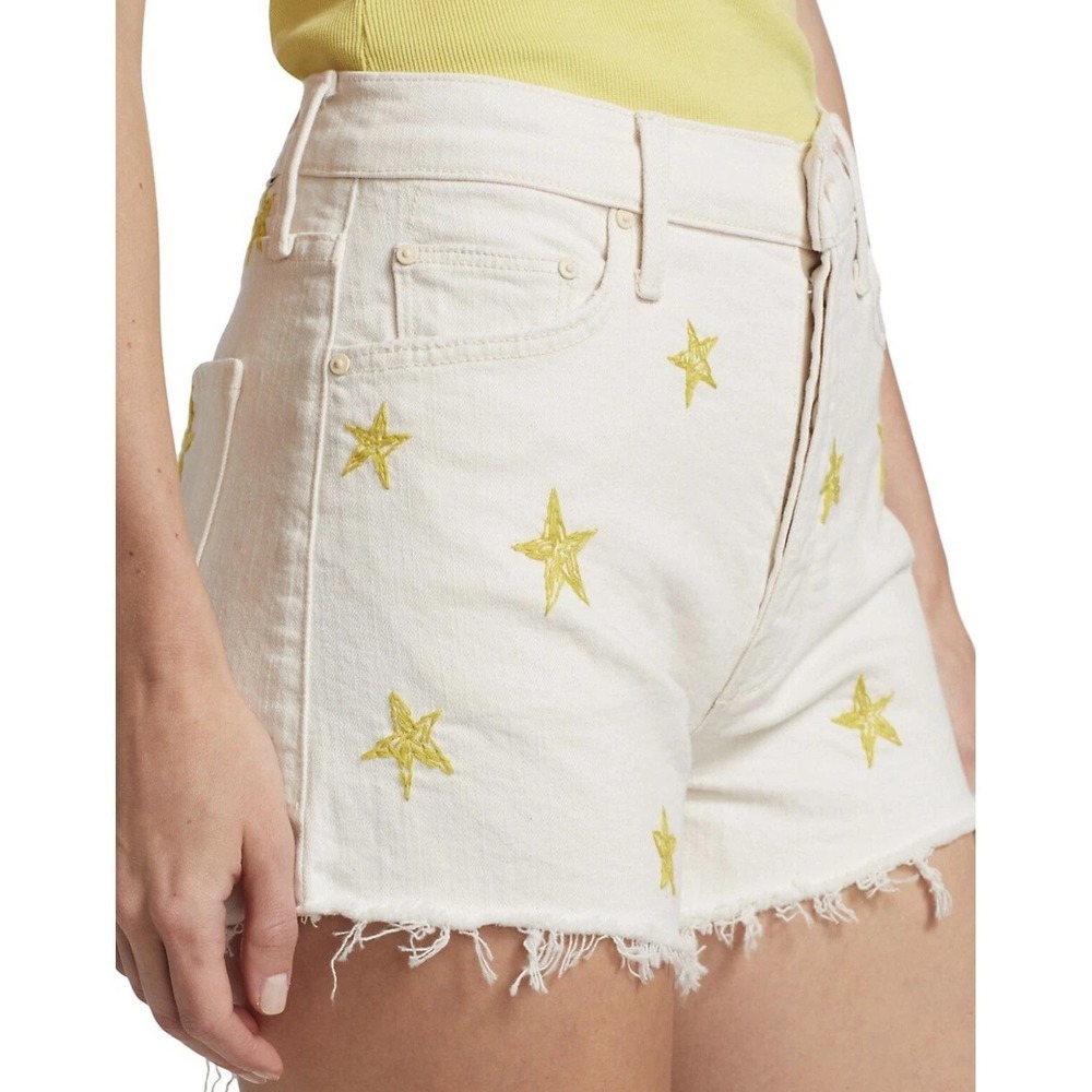 MOTHER SUPERIOR Tomcat Kick Fray Denim Shorts 30 Cream Gold Stars High Rise NWT